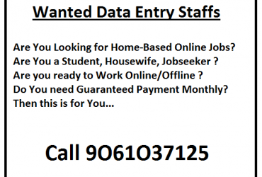 Wanted Data Entry Staffs (All Kerala) Call 9O61O37125, 9645I64653, 889I263975